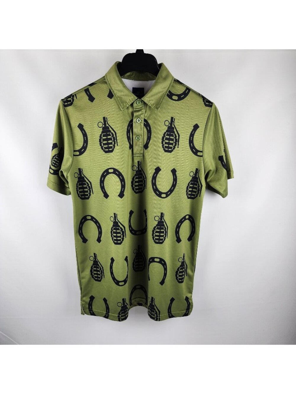 Ready Golf Shirt Mens Medium Green Black Grenade Horseshoe Golf Polo